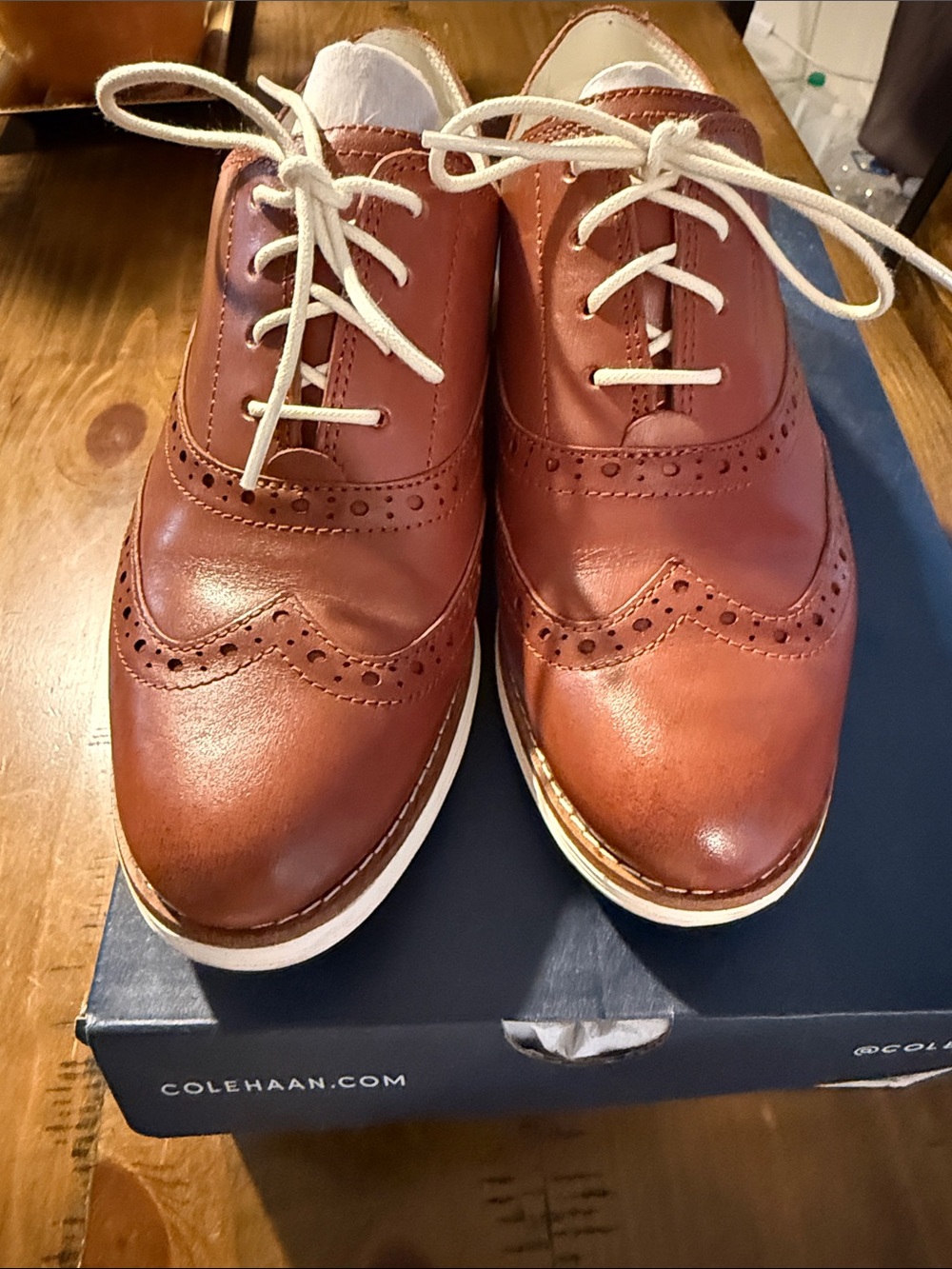 Cole Haan Tan Leather Wingtip Derby Shoes Women